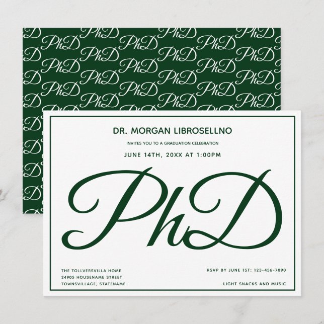 PhD degree Green White Graduation Party Invitation (Front/Back)