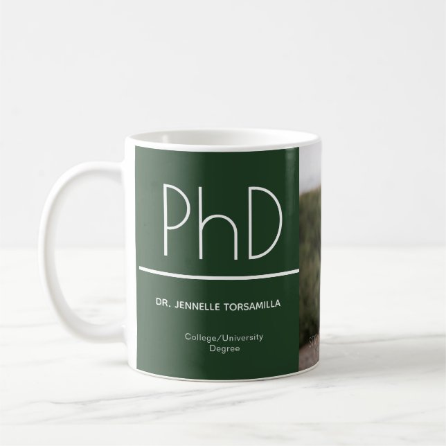PhD degree Green White Graduation Photo Keepsake Coffee Mug (Left)