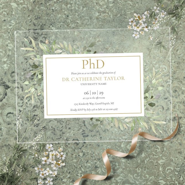 Phd Degree Greenery Floral Gold Graduation Acrylic Invitations (Phd Degree Greenery Floral Gold Graduation Acrylic Invitations)
