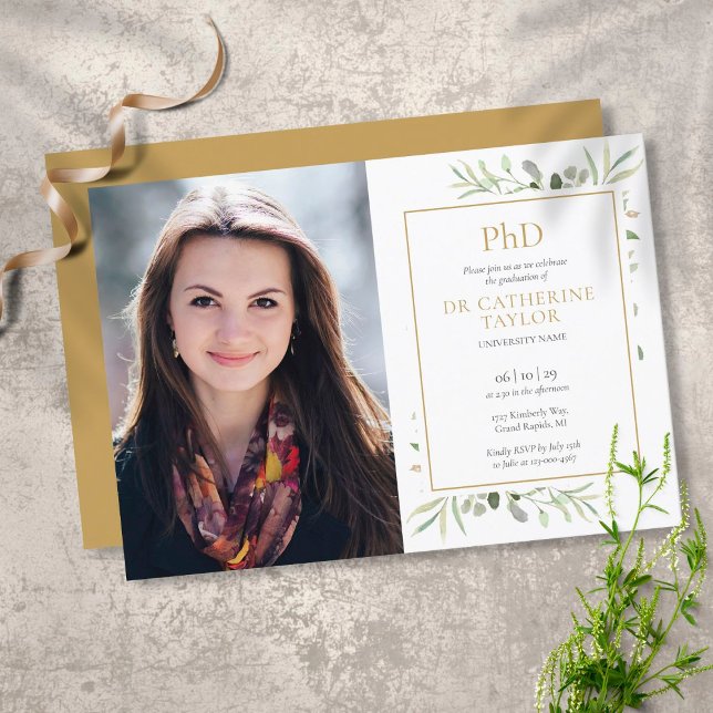 PhD Degree Greenery Graduation Photo Invitation (Creator Uploaded)