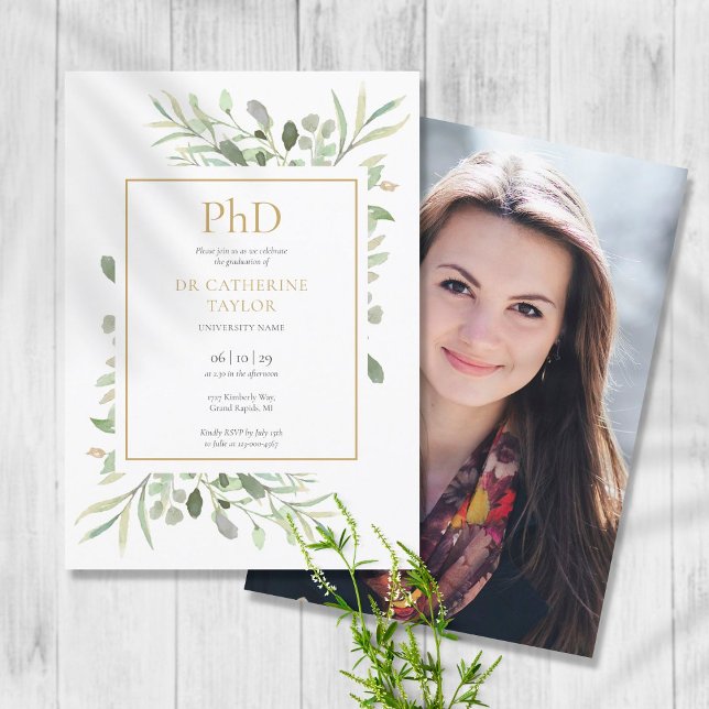 Phd Degree Greenery Photo Graduation Party Invitation (Phd Degree Watercolor Greenery Photo Graduation Invitation)