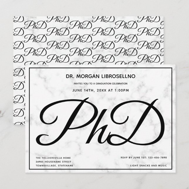 PhD degree Marble Graduation Party Invitation (Front/Back)