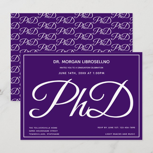 PhD degree Purple Graduation Party Invitation (Front/Back)