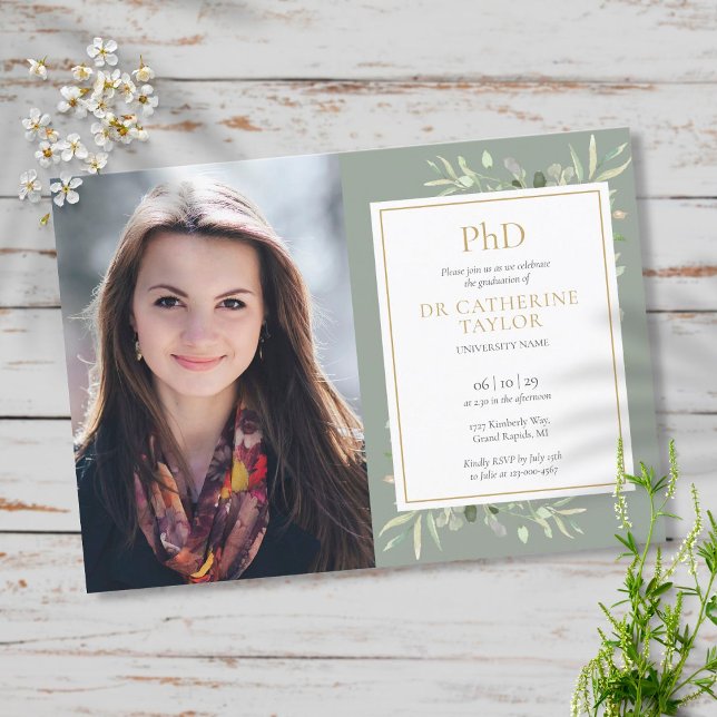 PhD Degree Sage Greenery Gold Graduation Photo Invitation (Creator Uploaded)