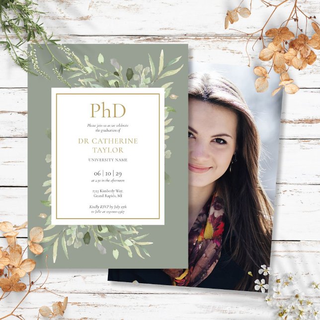 Phd Degree Sage Greenery Photo Graduation Invitation (Phd Degree Sage Greenery Photo Graduation Invitation)