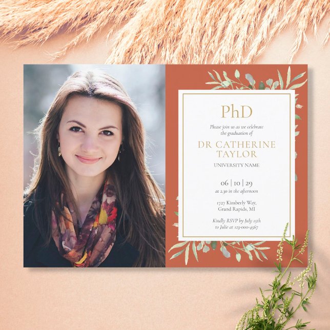 PhD Degree Terracotta Greenery Graduation Photo Invitation (Creator Uploaded)