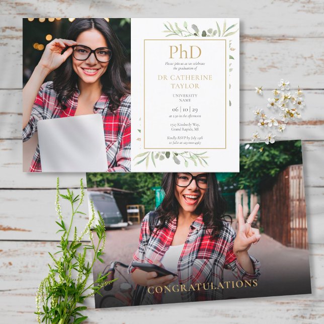 Phd Degree Watercolor Greenery 2 Photo Graduation Invitation (Creator Uploaded)