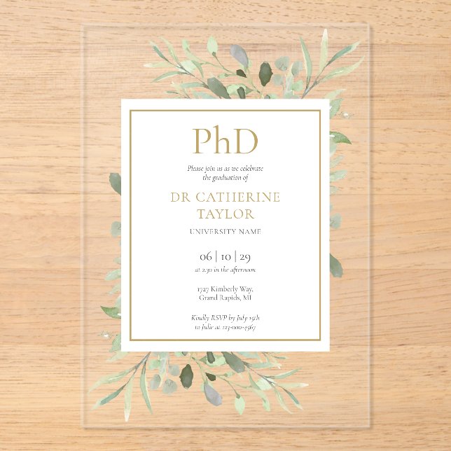 Phd Degree Watercolor Greenery Floral Graduation  Acrylic Invitations (Front)