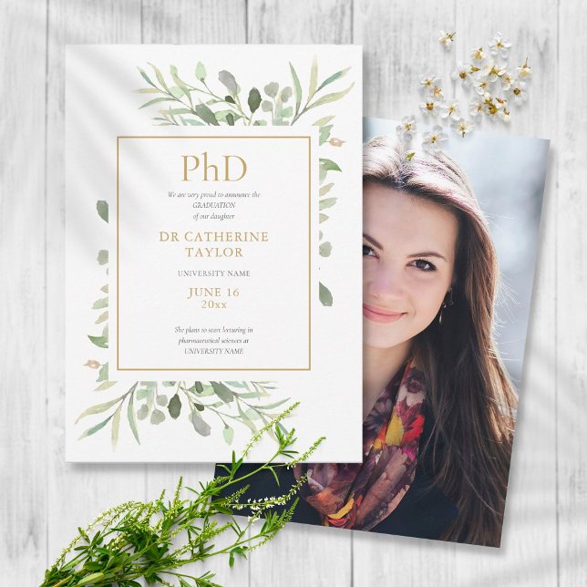 Phd Degree Watercolor Greenery Photo Graduation Announcement (Creator Uploaded)