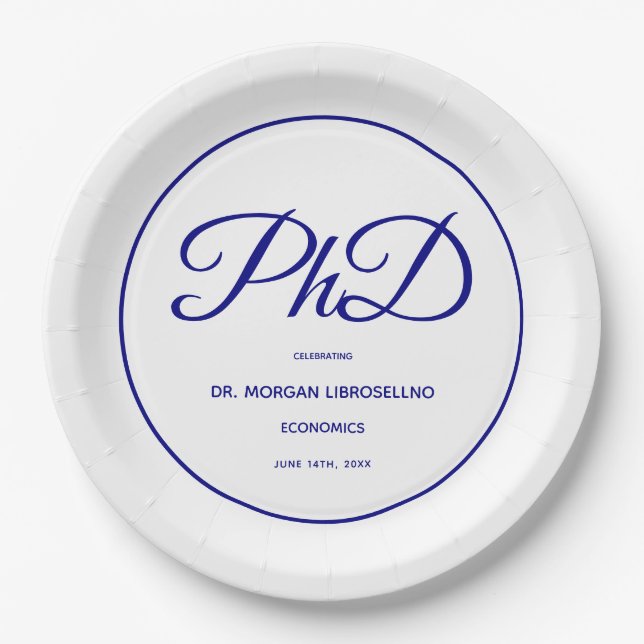 PhD degree White Blue Graduation Party Paper Plate (Front)
