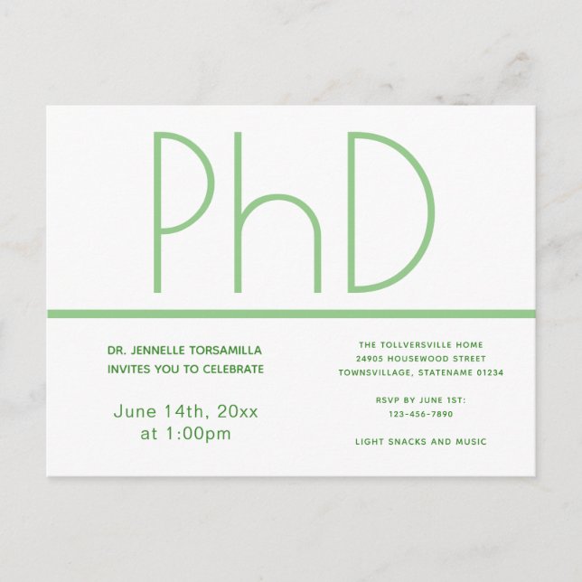 PhD degree White Green Graduation Party Postcard (Front)