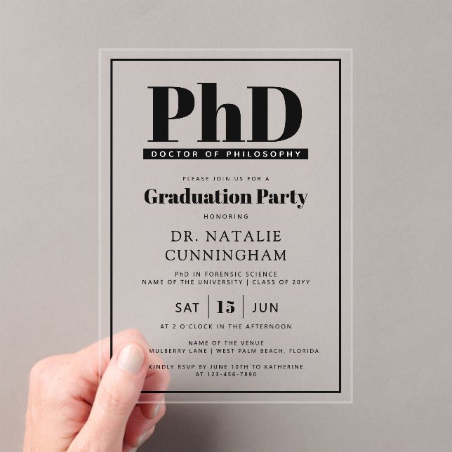 PhD Doctor of Philosophy Doctoral Graduation Acrylic Invitations (Insitu (Handheld))