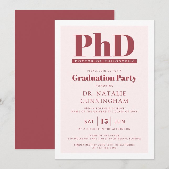PhD Doctor of Philosophy Doctoral Graduation Invitation (Front/Back)
