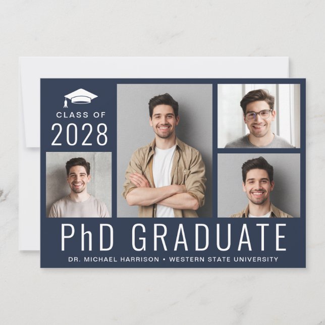 PhD Doctorate 5 Photo Blue Graduation Party Invitation (Front)