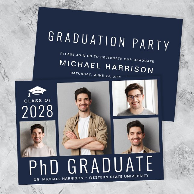 PhD Doctorate 5 Photo Blue Graduation Party Invitation (PhD Doctorate 5 Photo Blue Graduation Party Invitation)