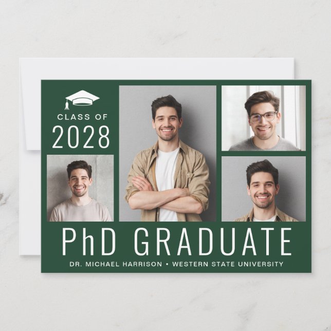 PhD Doctorate 5 Photo Green Graduation Party Invitation (Front)