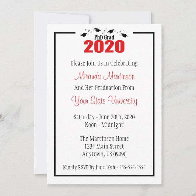 PhD Grad 2020 Graduation Invitation (Red Caps) (Front)