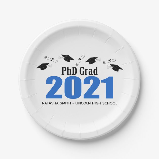 Phd Grad 2021 Graduation Caps & Diplomas (Blue) Paper Plate (Front)