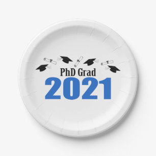 PhD Grad 2021 Graduation Caps & Diplomas (Blue) Paper Plate