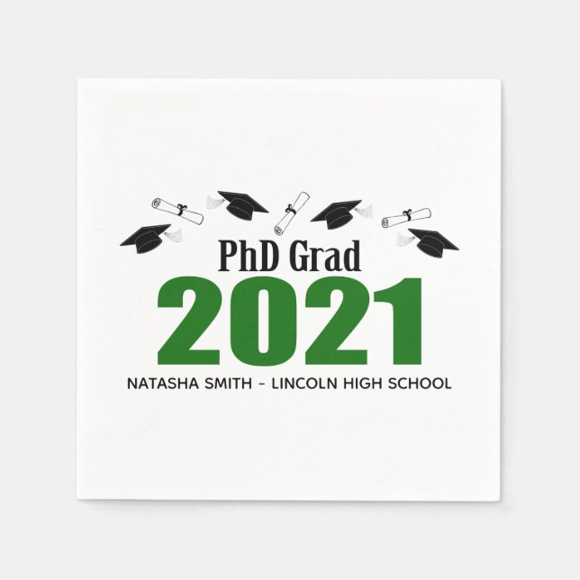 PhD Grad 2021 Graduation Caps & Diplomas (Green) Napkin (Front)