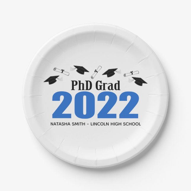 Phd Grad 2022 Graduation Caps & Diplomas (Blue) Paper Plate (Front)