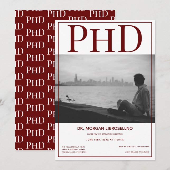 PhD Graduate Photo Burgundy Graduation Party Invitation (Front/Back)