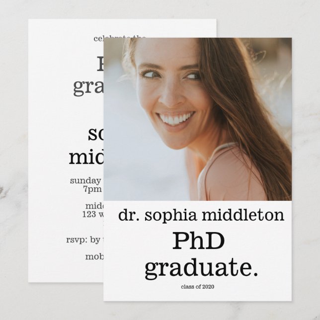 PhD Graduate Simple Photo Modern Font Invitation (Front/Back)