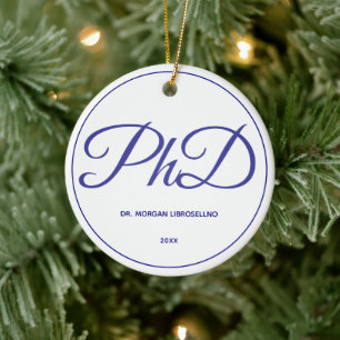 PhD Graduation White Blue Name Year Ceramic Tree Decoration