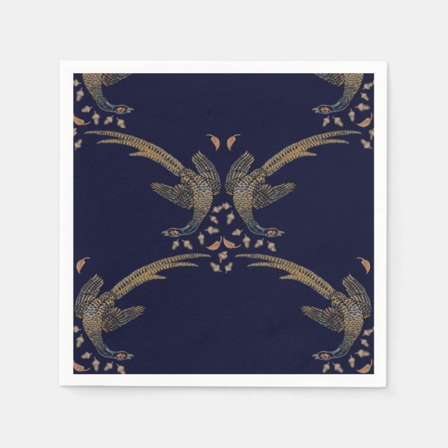 Pheasant and acorn napkin of blue and tan design (Front)