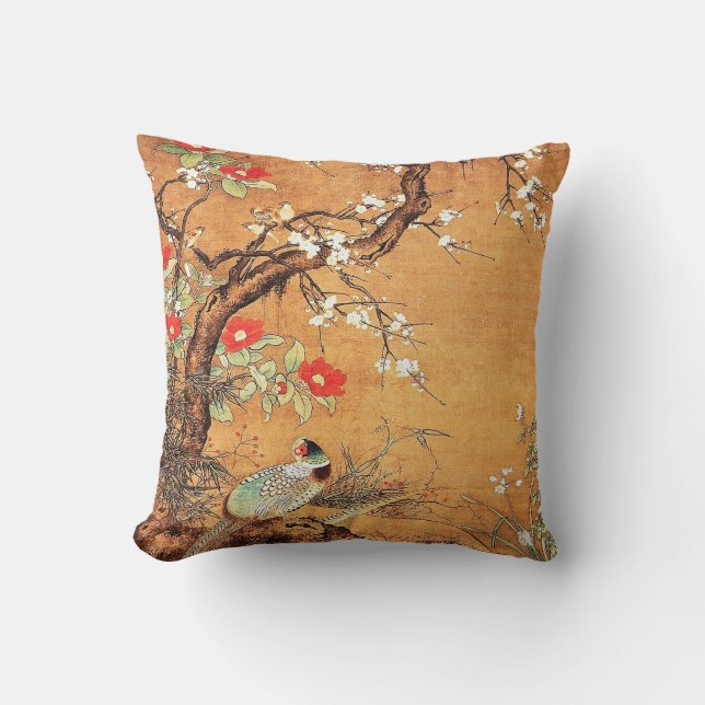 Pheasant and camellia oriental chinese ink art cushion (Front)