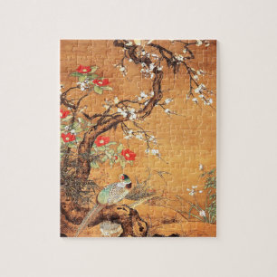 Pheasant and camellia oriental chinese ink art jigsaw puzzle