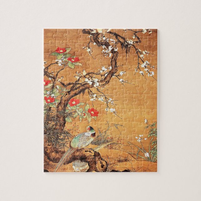 Pheasant and camellia oriental chinese ink art jigsaw puzzle (Vertical)