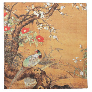 Pheasant and camellia oriental chinese ink art napkin