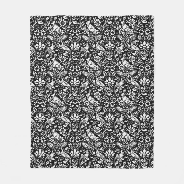 Pheasant and Hare Pattern, Black and White  Fleece Blanket (Front)