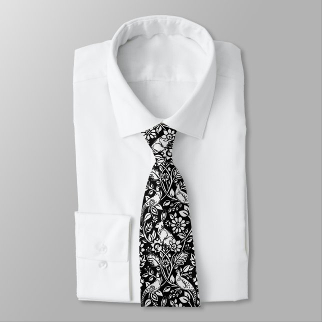 Pheasant and Hare Pattern, Black and White Tie (Tied)