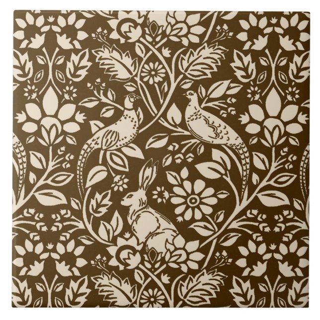 Pheasant and Hare Pattern, Brown and Beige Tile (Front)
