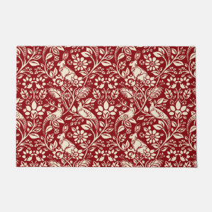 Pheasant and Hare Pattern, Deep Red and Cream Doormat