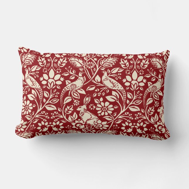 Pheasant and Hare Pattern, Deep Red and Cream Lumbar Cushion (Front)