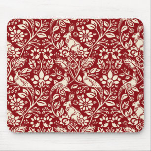 Pheasant and Hare Pattern, Deep Red and Cream Mouse Mat