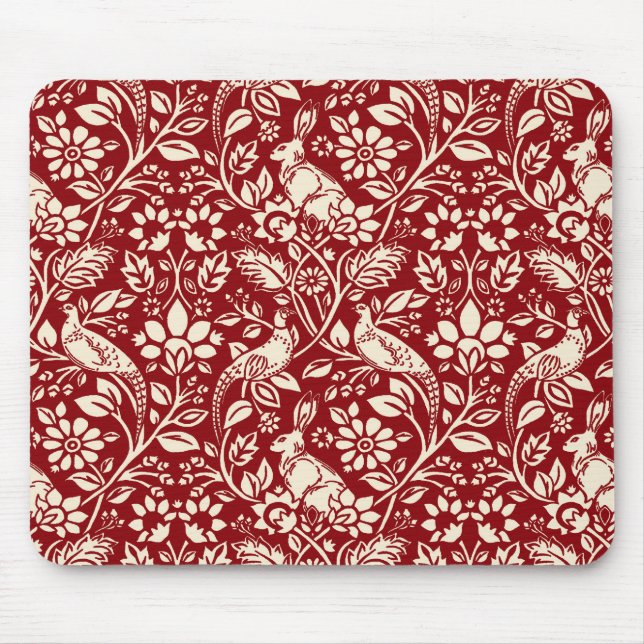 Pheasant and Hare Pattern, Deep Red and Cream Mouse Mat (Front)