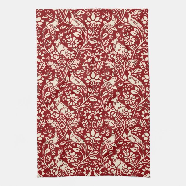 Pheasant and Hare Pattern, Deep Red and Cream  Tea Towel (Vertical)