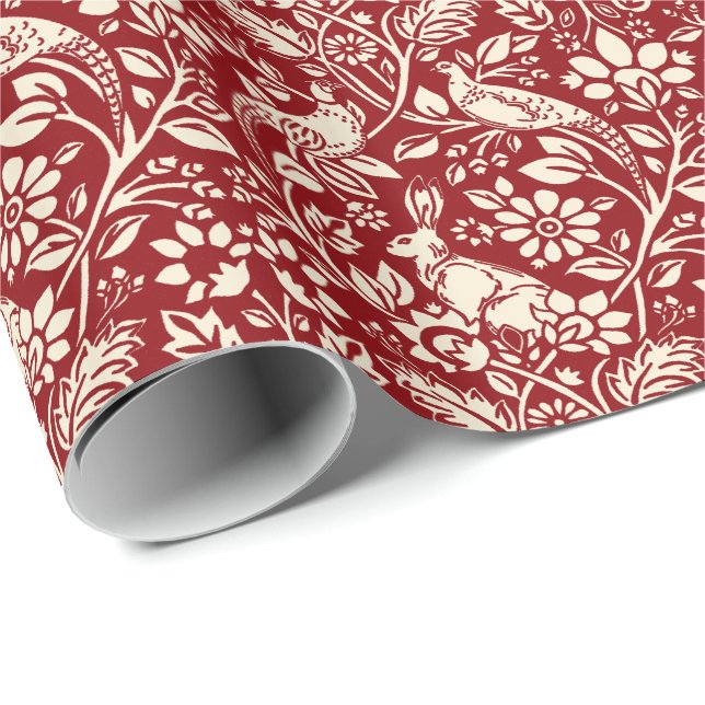 Pheasant and Hare Pattern, Deep Red and Cream   Wrapping Paper (Roll Corner)