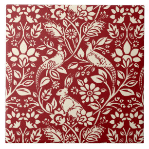 Pheasant and Hare Pattern, Deep Red & Cream Tile