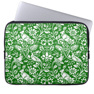 Pheasant and Hare Pattern, Emerald Green and White Laptop Sleeve