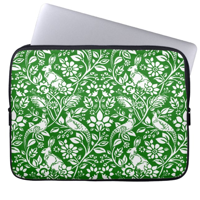 Pheasant and Hare Pattern, Emerald Green and White Laptop Sleeve (Front)