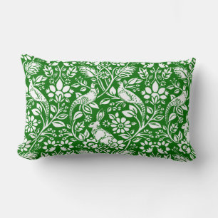 Pheasant and Hare Pattern, Emerald Green and White Lumbar Cushion