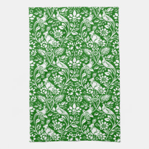 Pheasant and Hare Pattern, Emerald Green and White Tea Towel
