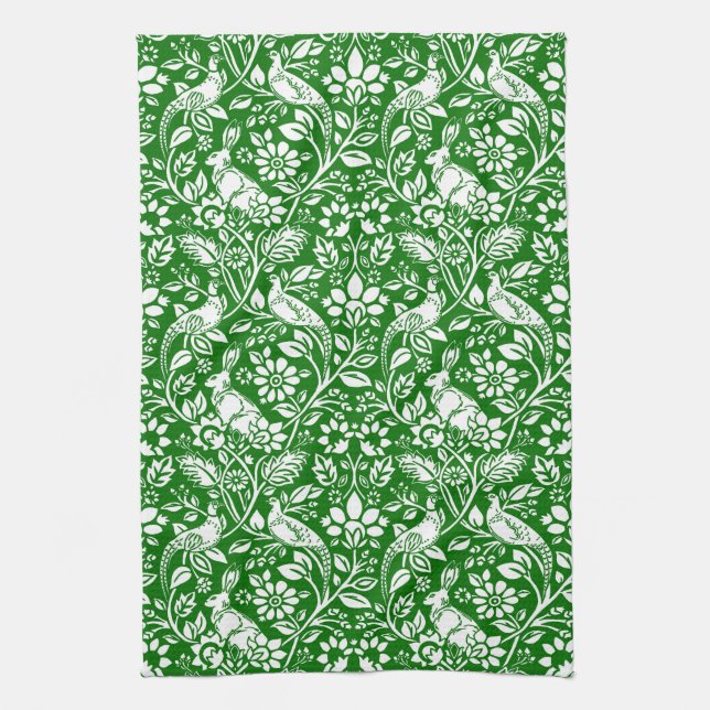 Pheasant and Hare Pattern, Emerald Green and White Tea Towel (Vertical)