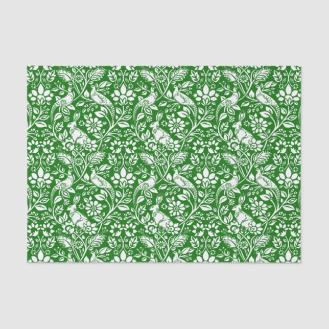 Pheasant and Hare Pattern, Emerald Green and White Tissue Paper (Front)