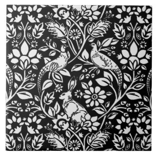 Pheasant and Hare Pattern in Black and White Tile